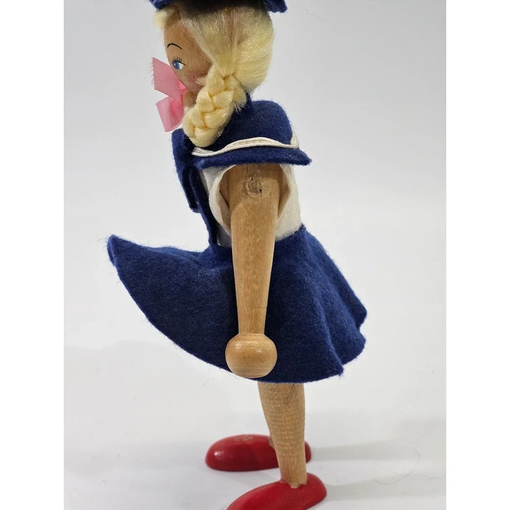 VINTAGE Peg Doll Wooden Articulated Sailor Felt Navy Blue Souvenir Toy 7.5